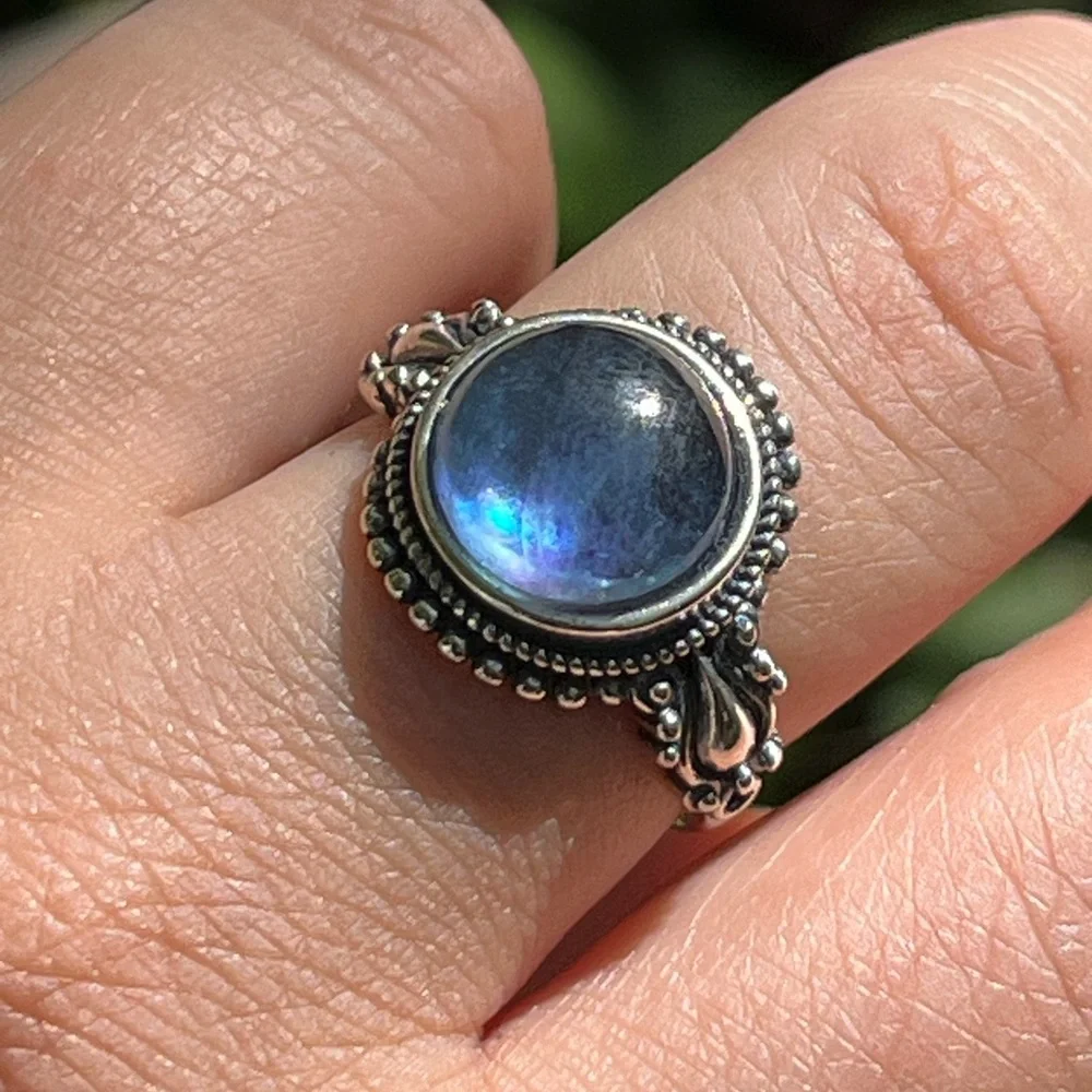 Sterling silver 925‎ stamped adjustable round aquamarine ring 0130